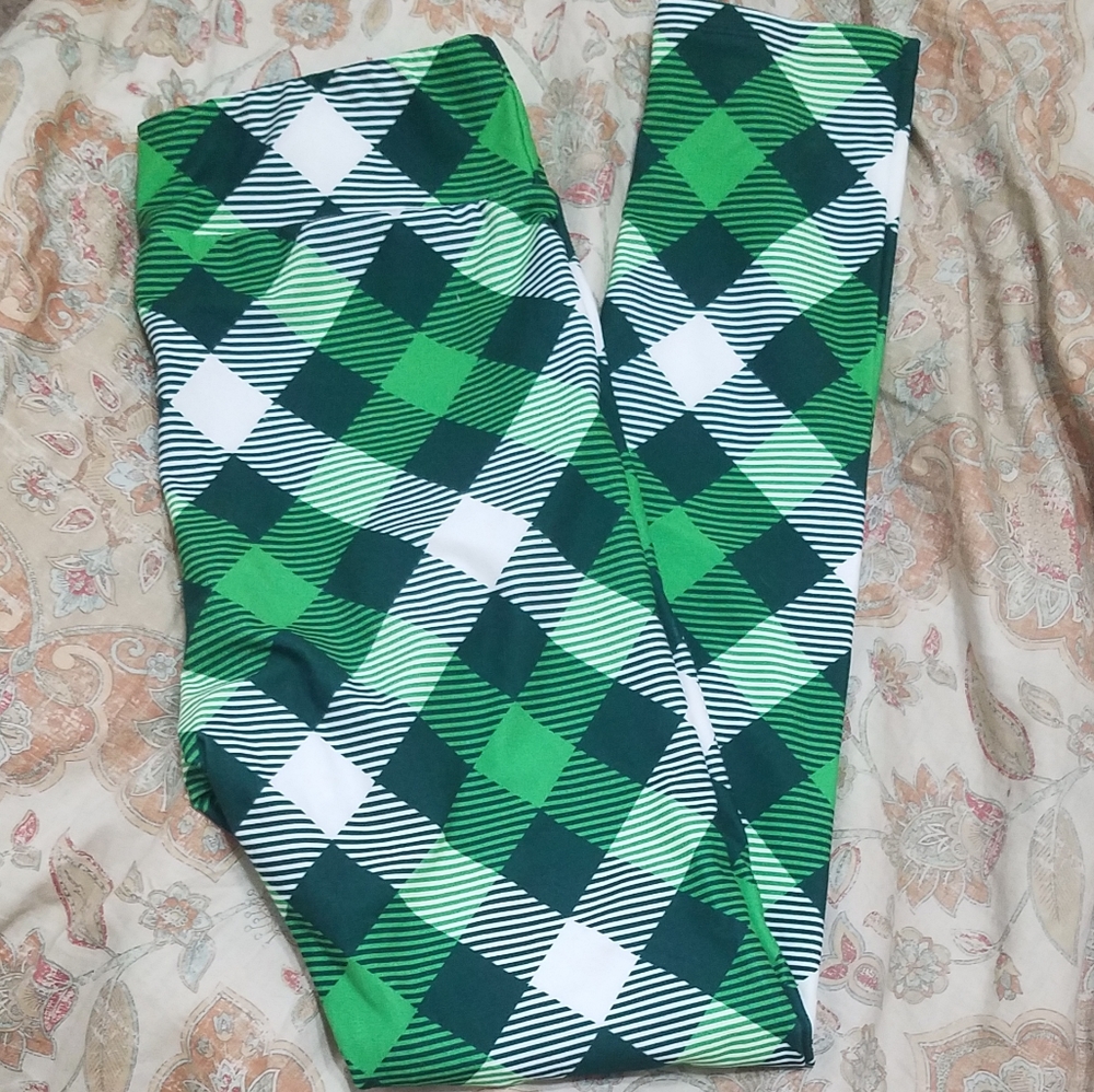 Green White Checker Plaid Yoga Waist Leggings St. Patty's Day